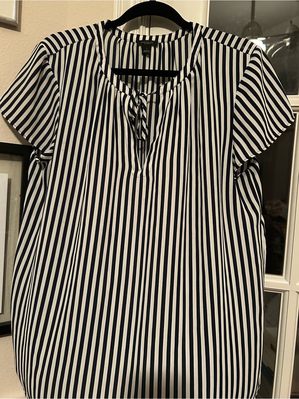 Ann Taylor Factory Navy and White Vertical Stripe Tie-Neck Blouse